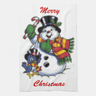 Cute Snowman And Bluebird Tea Towel