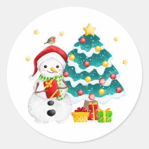 Cute Snowman and Christmas Tree Classic Round Sticker