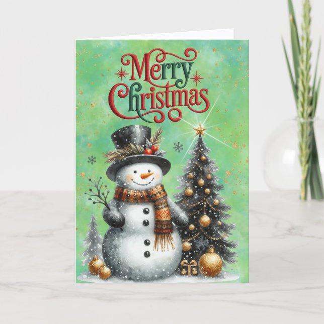 Cute Snowman and Christmas Tree Holiday Card (Front)