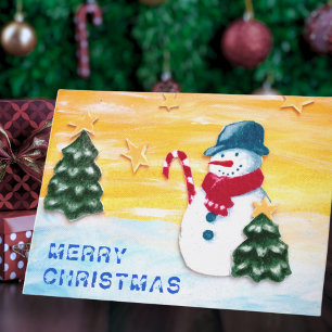 Cute Snowman and Christmas Tree Holiday Card