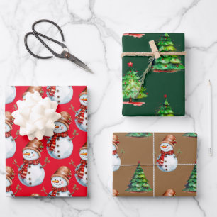 Cute Snowman and Christmas Tree Watercolor Pattern Wrapping Paper Sheet
