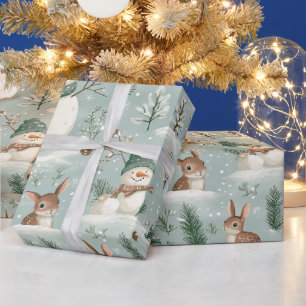Cute Snowman And Deer Festive Wrapping Paper