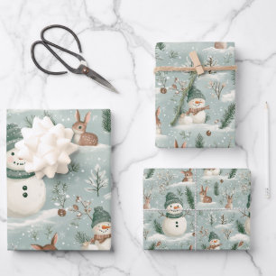 Cute Snowman And Deer Festive Wrapping Paper Sheet