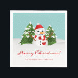 Cute Snowman And Personalizable Name Christmas Napkin<br><div class="desc">Destei's cartoon illustration of a cute snowman. The snowman is wearing a red hat and a scarf that has red and white stripes on it. His nose is made of an orange carrot and his arms are made of brown sticks. Behind the snowman are two fir trees with some snow...</div>