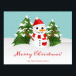 Cute Snowman And Personalizable Name Christmas Poster<br><div class="desc">This festive poster features Destei's cartoon illustration of a cute snowman. The snowman is wearing a red hat and a scarf that has red and white stripes on it. His nose is made of an orange carrot and his arms are made of brown sticks. Behind the snowman are two fir...</div>