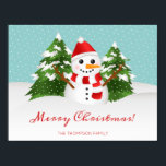 Cute Snowman And Personalizable Name Christmas Poster<br><div class="desc">This festive poster features Destei's cartoon illustration of a cute snowman. The snowman is wearing a red hat and a scarf that has red and white stripes on it. His nose is made of an orange carrot and his arms are made of brown sticks. Behind the snowman are two fir...</div>