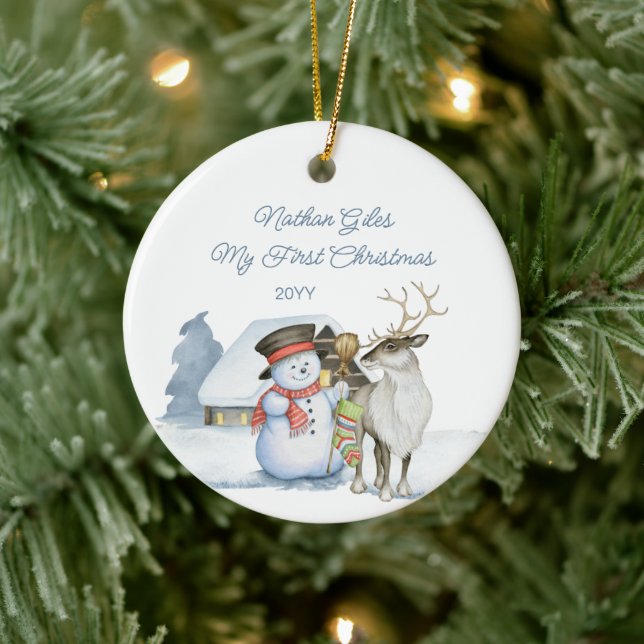 Cute Snowman and Reindeer First Christmas Ceramic Ornament (Tree)