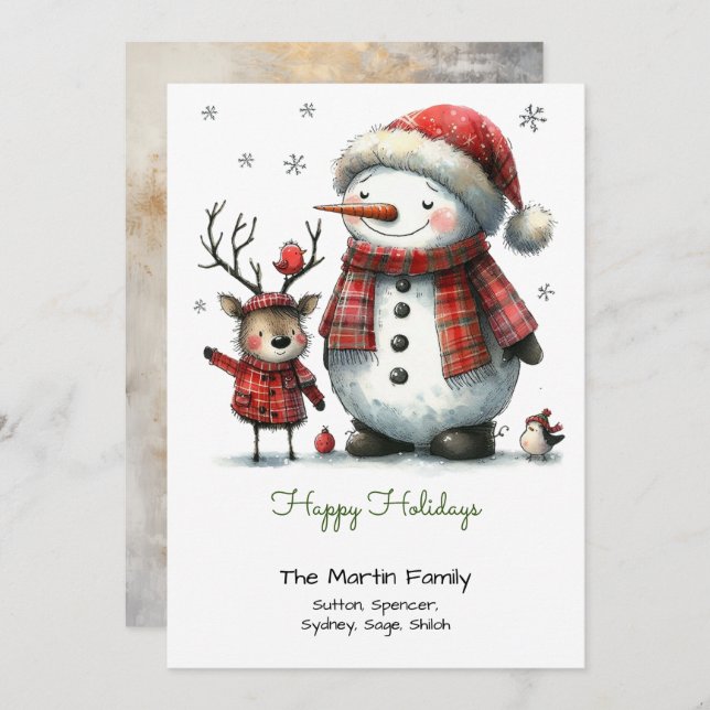 Cute Snowman and Reindeer Happy  Holiday Card (Front/Back)
