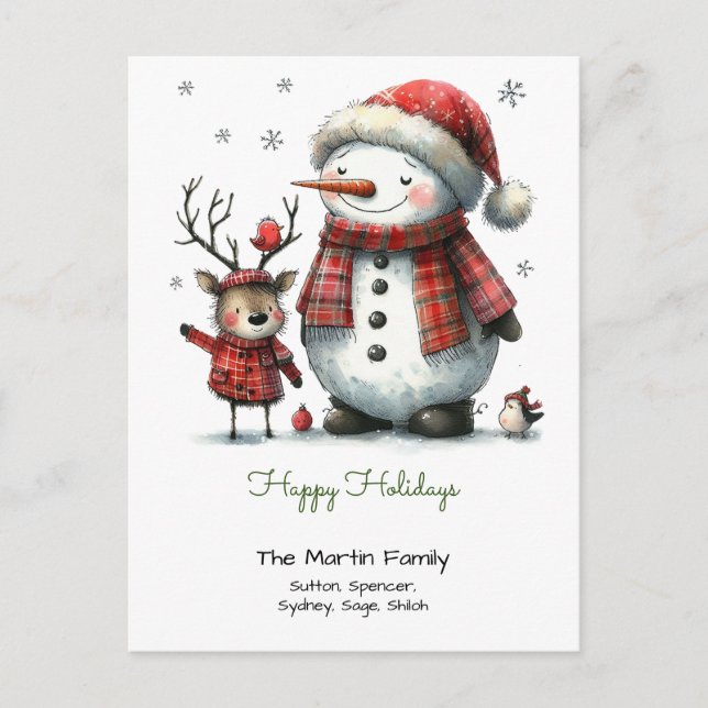 Cute Snowman and Reindeer Happy Holidays Postcard (Front)