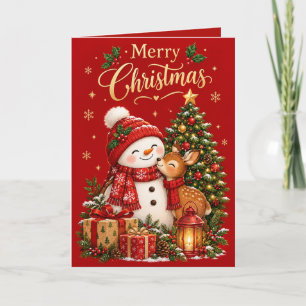 Cute Snowman and Reindeer Merry Christmas Greeting Holiday Card