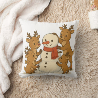 Cute Snowman and Reindeer Winter Pillow