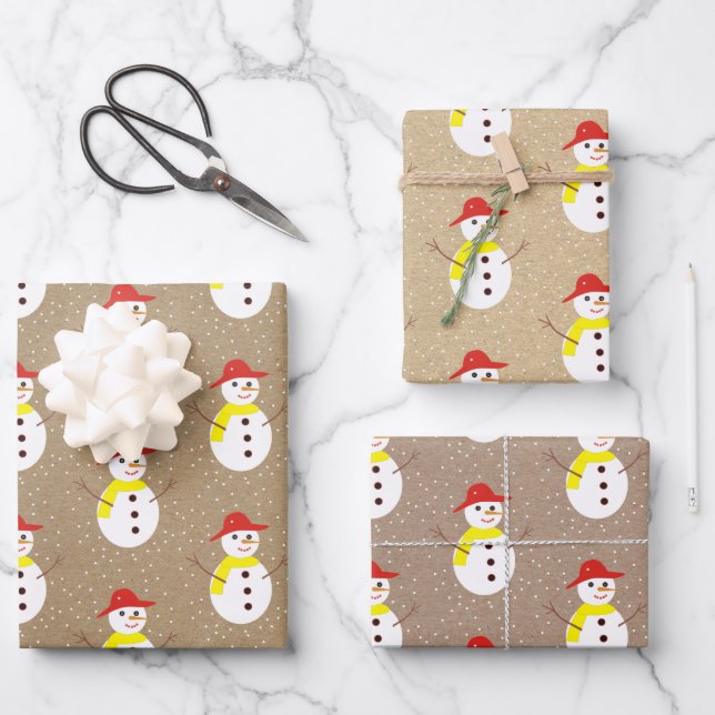 Cute snowman and snow on brown beige kraft paper (Front)