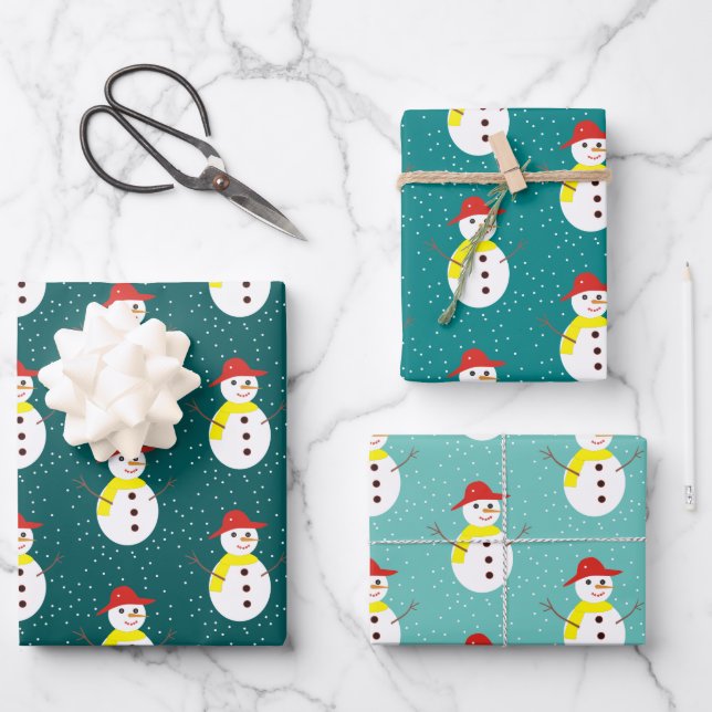 Cute snowman and snow on teal blue wrapping paper sheet (Front)