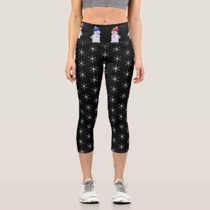 Cute snowman and snowflake pattern on black capri leggings