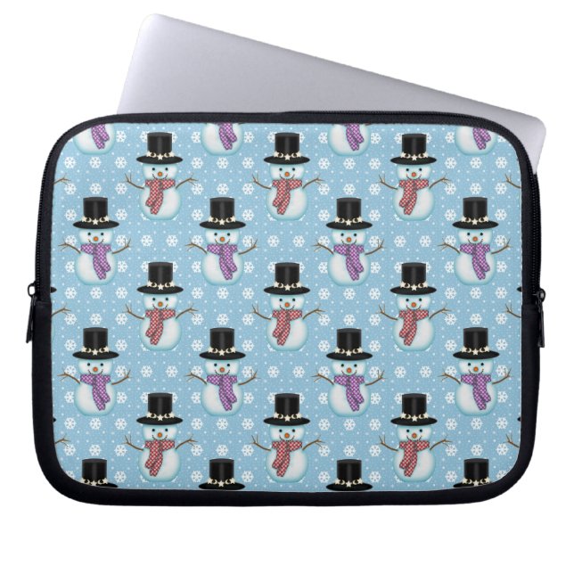 Cute Snowman and Snowflakes Pattern Laptop Sleeve (Front)