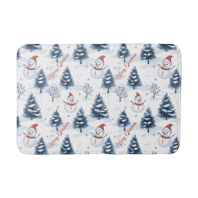 Cute Snowman And Snowy Trees Merry Christmas Bath Mat (Front)