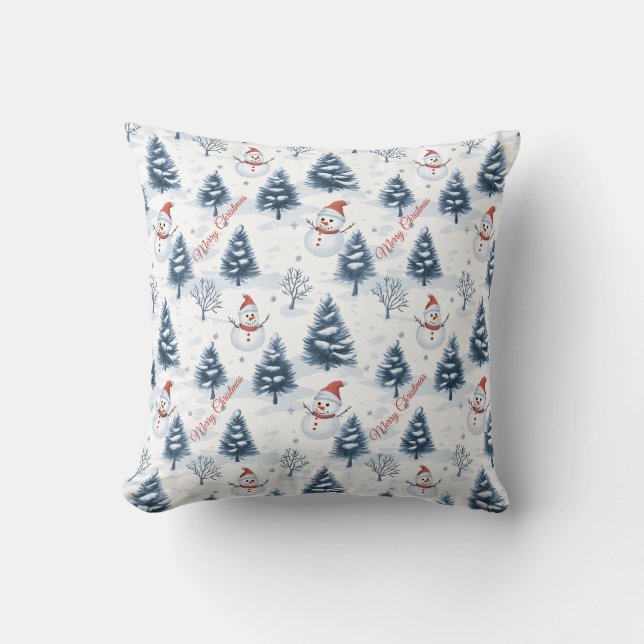 Cute Snowman And Snowy Trees Merry Christmas Cushion (Front)