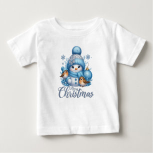 Cute Snowman and Winter Birds Christmas  Baby T-Shirt
