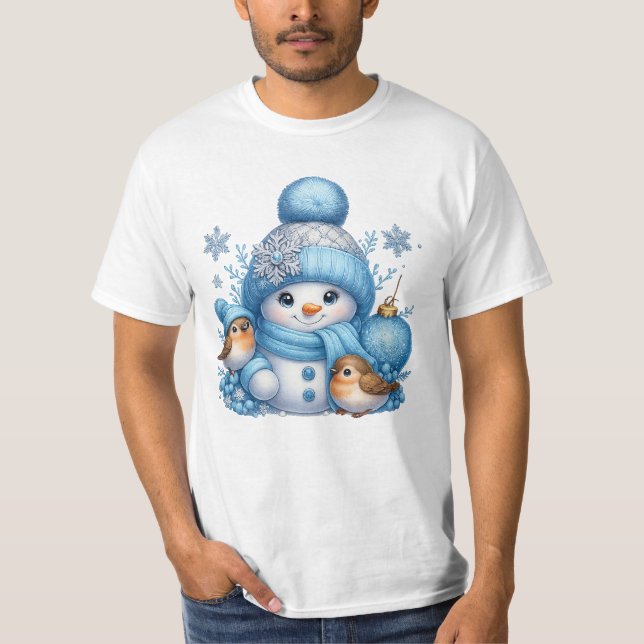 Cute Snowman and Winter Birds Christmas T-Shirt (Front)