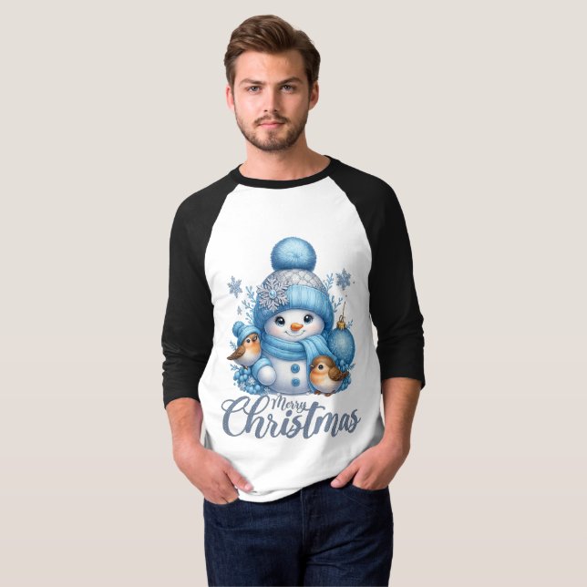  Cute Snowman and Winter Birds Christmas  T-Shirt (Front Full)