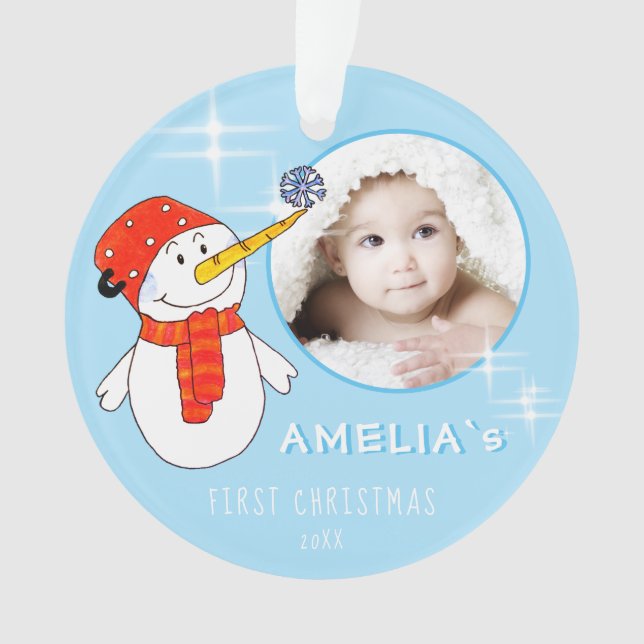 Cute Snowman Baby`s First Christmas Photo Ornament (Front)