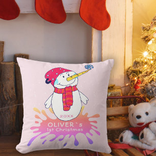 Cute Snowman Baby`s First Christmas Pink Cushion