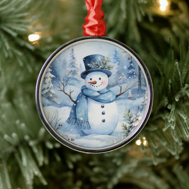 Cute Snowman Blue Hat and Scarf Flowers Metal Ornament (Tree)