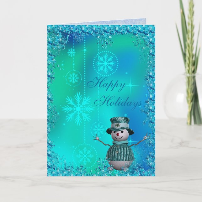 Cute Snowman, Blue Snowflakes & Sequins Christmas Holiday Card (Front)