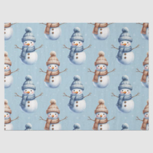 Cute Snowman Blue Snowy Background Christmas Tissue Paper