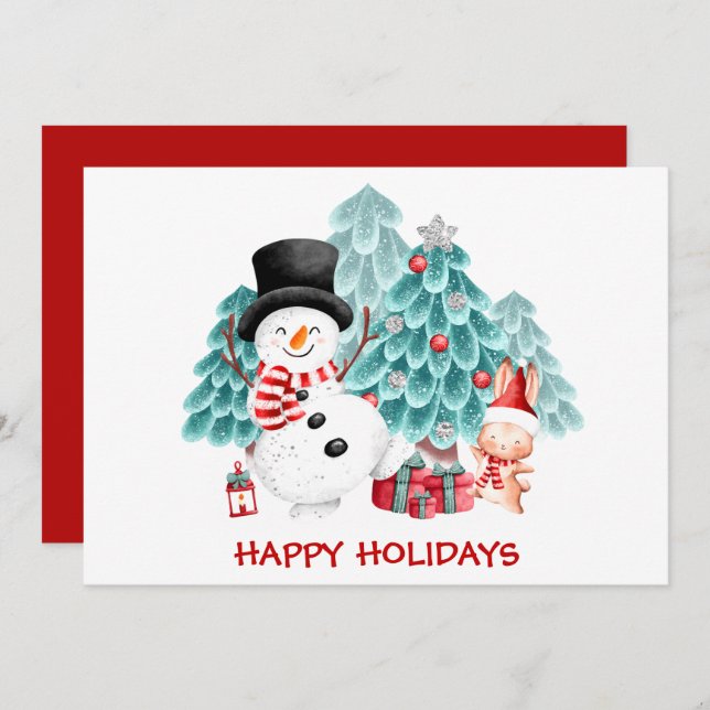 Cute Snowman, Bunny & Christmas Tree Holiday Card (Front/Back)