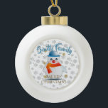 Cute Snowman Ceramic Ball Christmas Ornament<br><div class="desc">Cold hands, warm heart... so they say! Carry the holiday spirit with you with this adorable snowman. Customise the text to your liking (you can even delete it). If you're wanting a light-colour shirt, you can also change the colour of the font. Available in dark and light colours (including black...</div>