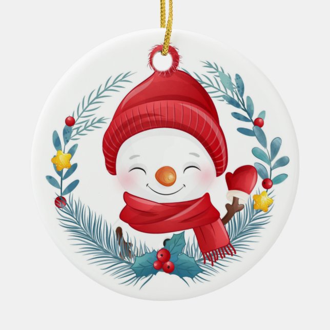 Cute Snowman Ceramic Ornament (Front)