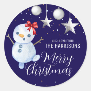 Cute Snowman Christmas Baubles Navy Blue Classic Round Sticker