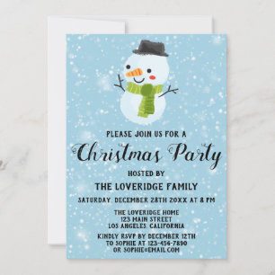 Cute Snowman Christmas Party White Snowflakes Blue Invitation