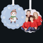 Cute Snowman Christmas Peace Love Joy Snowflakes Tree Decoration Card<br><div class="desc">A Christmas design: a cute little snowman with knitted, red and green striped scarf and hat, on light blue background, surrounded by arched text with white snowflakes between words. The message above is Peace Love Joy, below there is the name and year. On the back there is a placeholder family...</div>