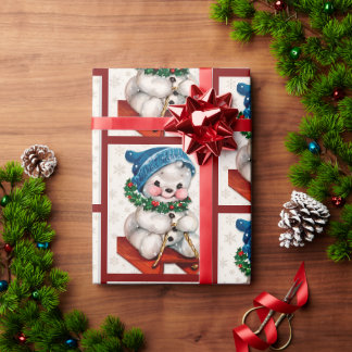 Cute Snowman Christmas Sled Vintage Watercolor Wrapping Paper