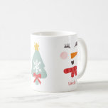 Cute snowman christmas tree illustration name coffee mug<br><div class="desc">A fun and cute Christmas illustration with a cute happy snowman and pink cheeks,  and scarf. add your name with a green pine tree and white snowflake and the colours are editable.</div>