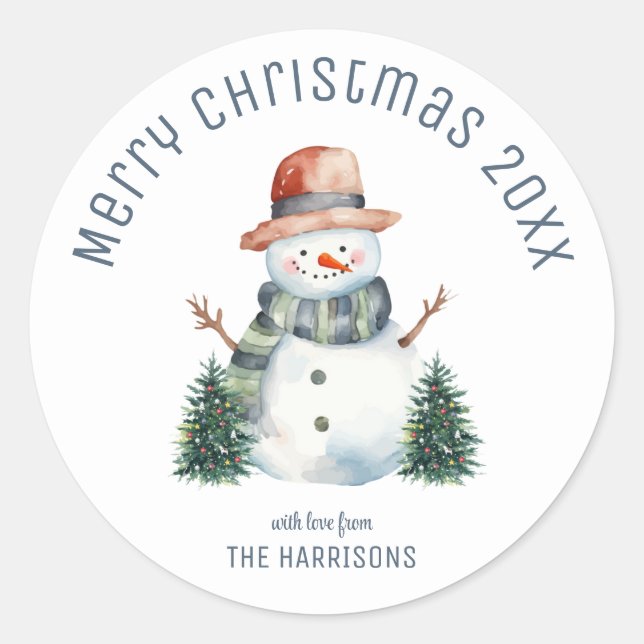Cute Snowman Christmas Tree Winter Christmas Classic Round Sticker (Front)