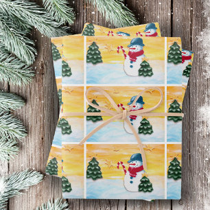 Cute Snowman Christmas Tree Winter Pattern Kids  Wrapping Paper Sheet