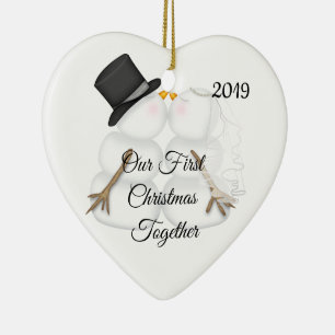 Cute Snowman Couple First Christmas Together 2019 Ceramic Ornament