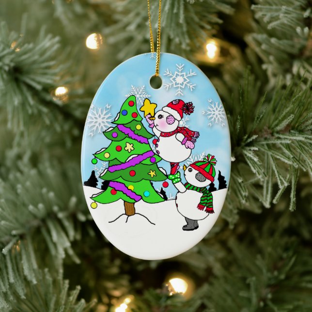 Cute Snowman Couple putting Star on the Tree Ceramic Ornament (Tree)
