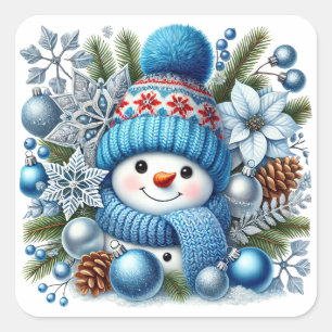 Cute Snowman Covered in Blue and Silver Square Sticker