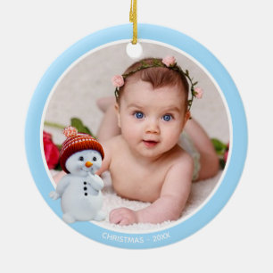 Cute Snowman & Custom Photo on Light Blue Ceramic Ornament