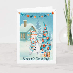 Cute Snowman Decorating Christmas Tree Card