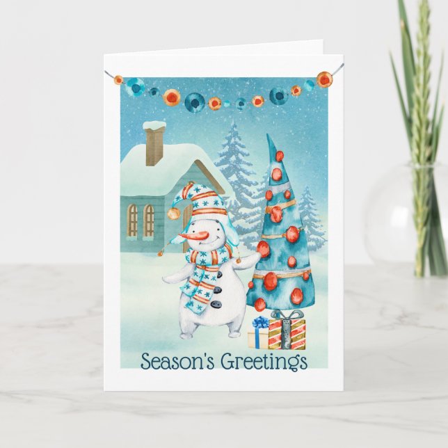 Cute Snowman Decorating Christmas Tree Card (Front)