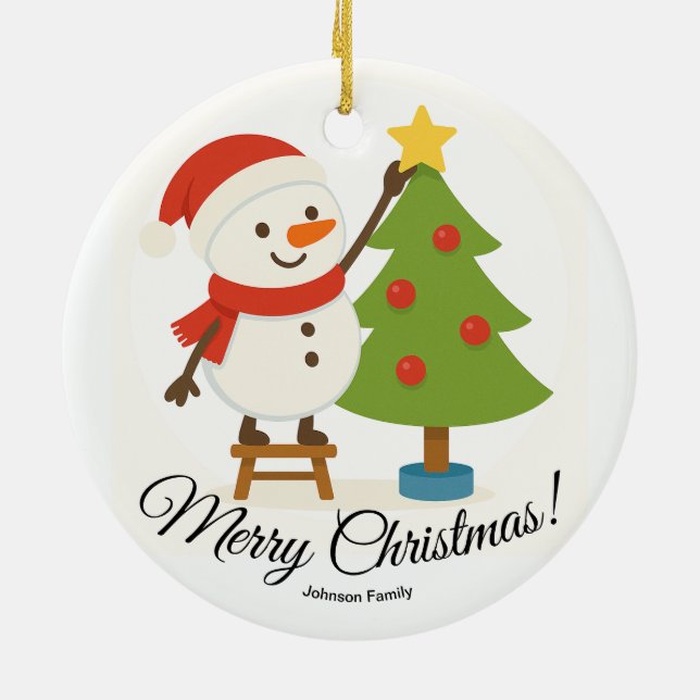 Cute Snowman Decorating Tree Personalized Name Ceramic Ornament (Back)