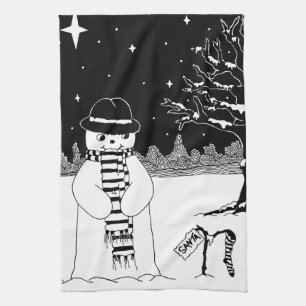Cute snowman design black and white Christmas Tea Towel