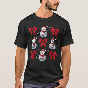 Cute Snowman Disco Ball Coquette Red Bow Christmas T-Shirt