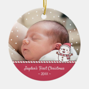 Cute Snowman Doodle Baby's First Christmas Photo Ceramic Ornament
