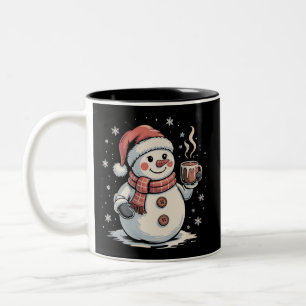 Cute Snowman Drink Coffee Winter Snowflake Xmas Two-Tone Coffee Mug